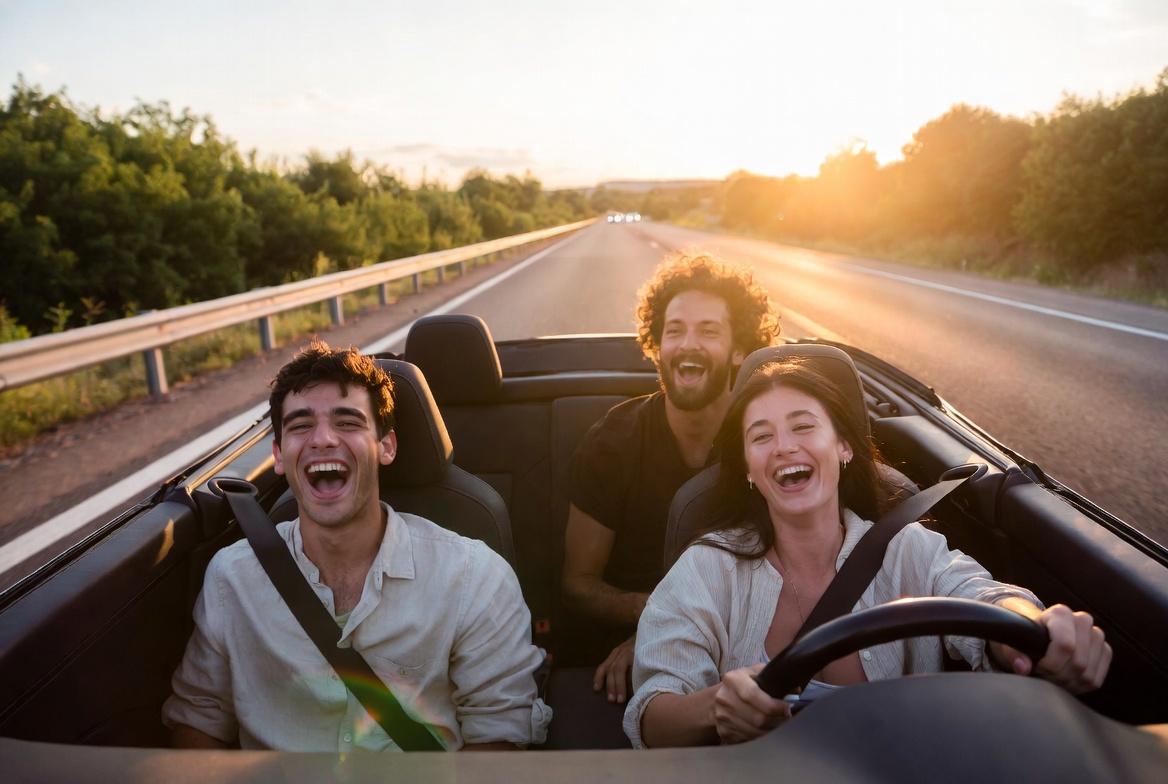 Friends laughing in a convertible at sunset on an open road